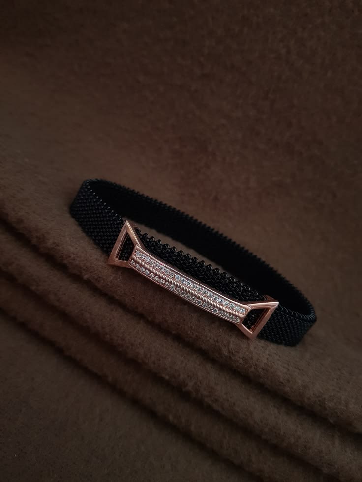 Modern Rose Gold & Black Mesh Bar Bracelet