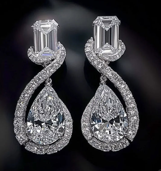 Exquisite Emerald & Pear-Cut Diamond Twist Drop Earrings