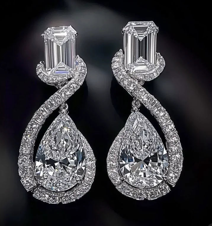 Exquisite Emerald & Pear-Cut Diamond Twist Drop Earrings