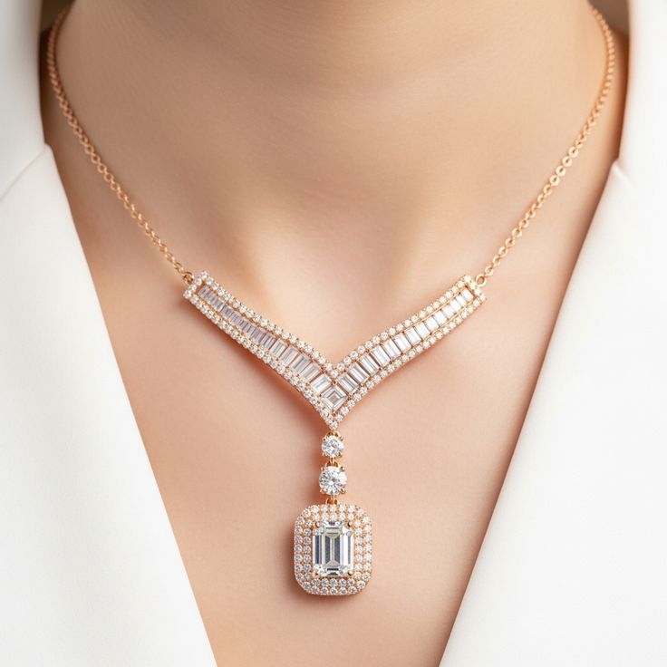 Elegant Chevron V-Shaped Emerald-Cut Diamond Drop Necklace