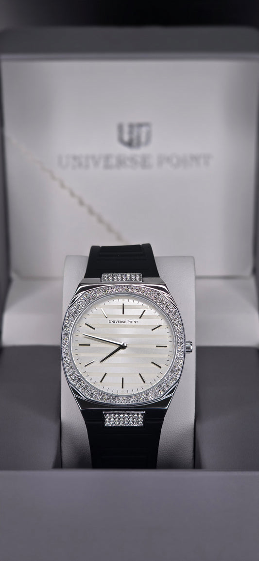 Iced-Out Bezel Quartz Watch with Black Rubber Strap