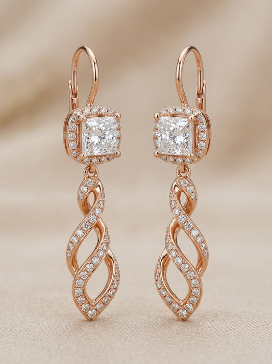 Princess Cut Halo Dangle Earrings