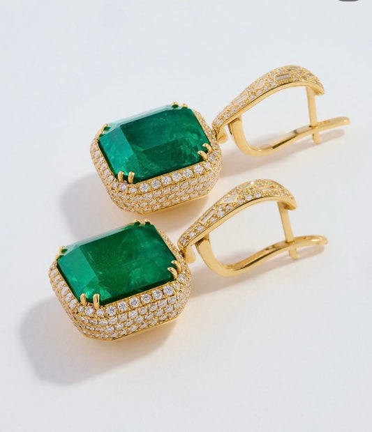 Elegant Emerald & Diamond Halo Drop Earrings