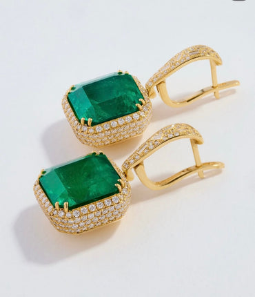 Elegant Emerald & Diamond Halo Drop Earrings