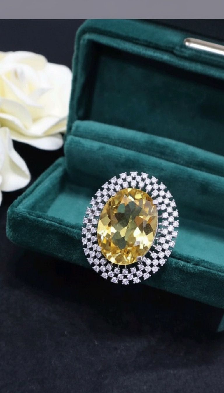 Stunning Oval Yellow Gemstone Statement Ring in Double Diamond Halo