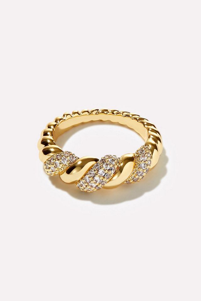 Gold Twisted Croissant Pave Accent Ring
