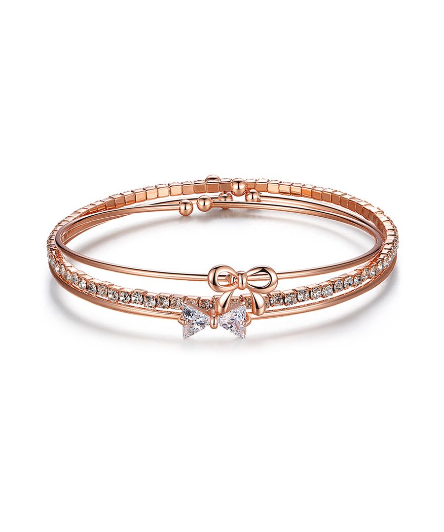 Elegantly Layered Rose Gold Bow & Crystal Bangle Set