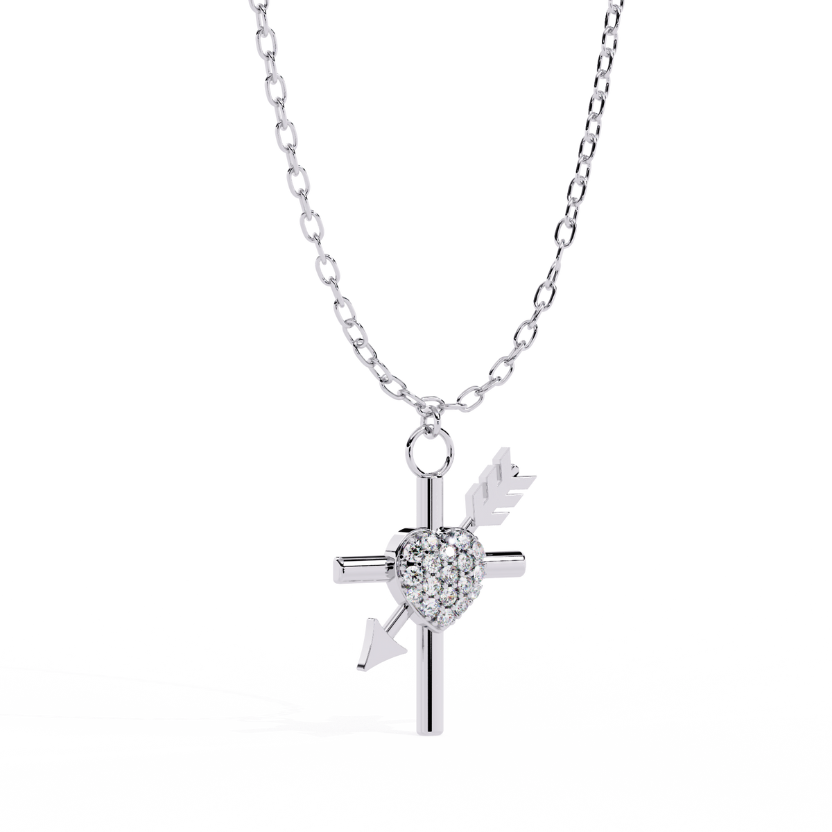 Silver Cross & Pavé Heart Arrow Necklace