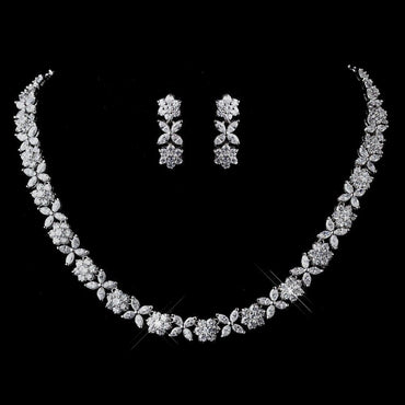 Elegant Floral Crystal Necklace & Earrings Bridal Jewelry Set