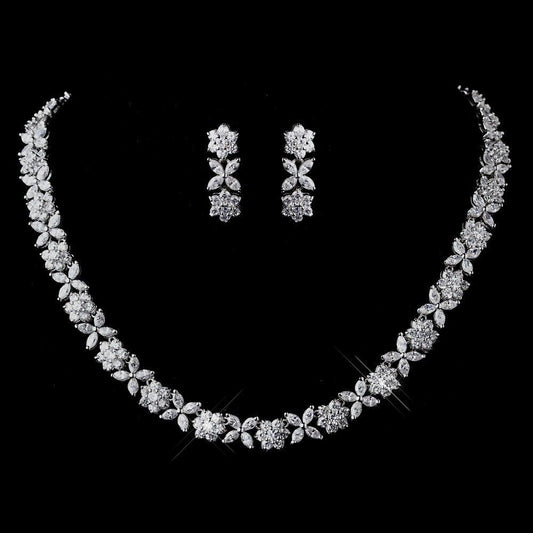 Elegant Floral Crystal Necklace & Earrings Bridal Jewelry Set