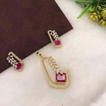 Elegant Ruby & Cubic Zirconia Pendant & Earring Set