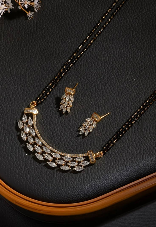Gold-Plated CZ Marquise Crescent Mangalsutra Set with Matching Earrings