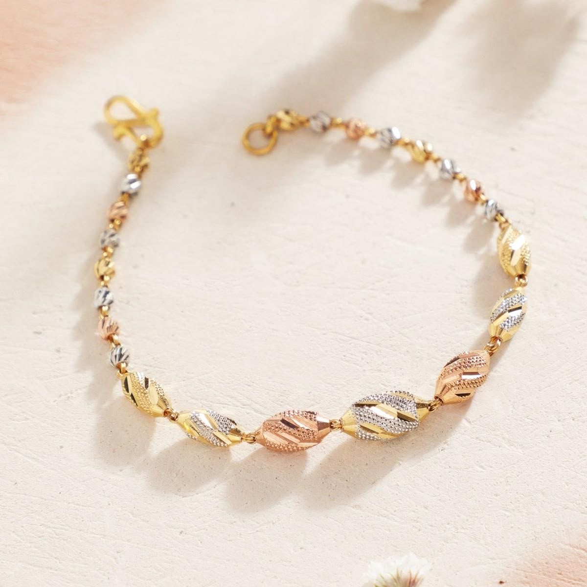 Tri-Tone Gold Diamond-Cut Bead Bracelet