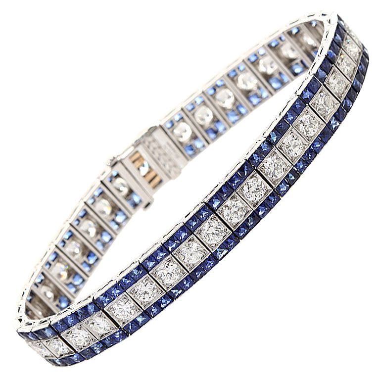 Art Deco Style Diamond and French-Cut Sapphire Platinum Bracelet