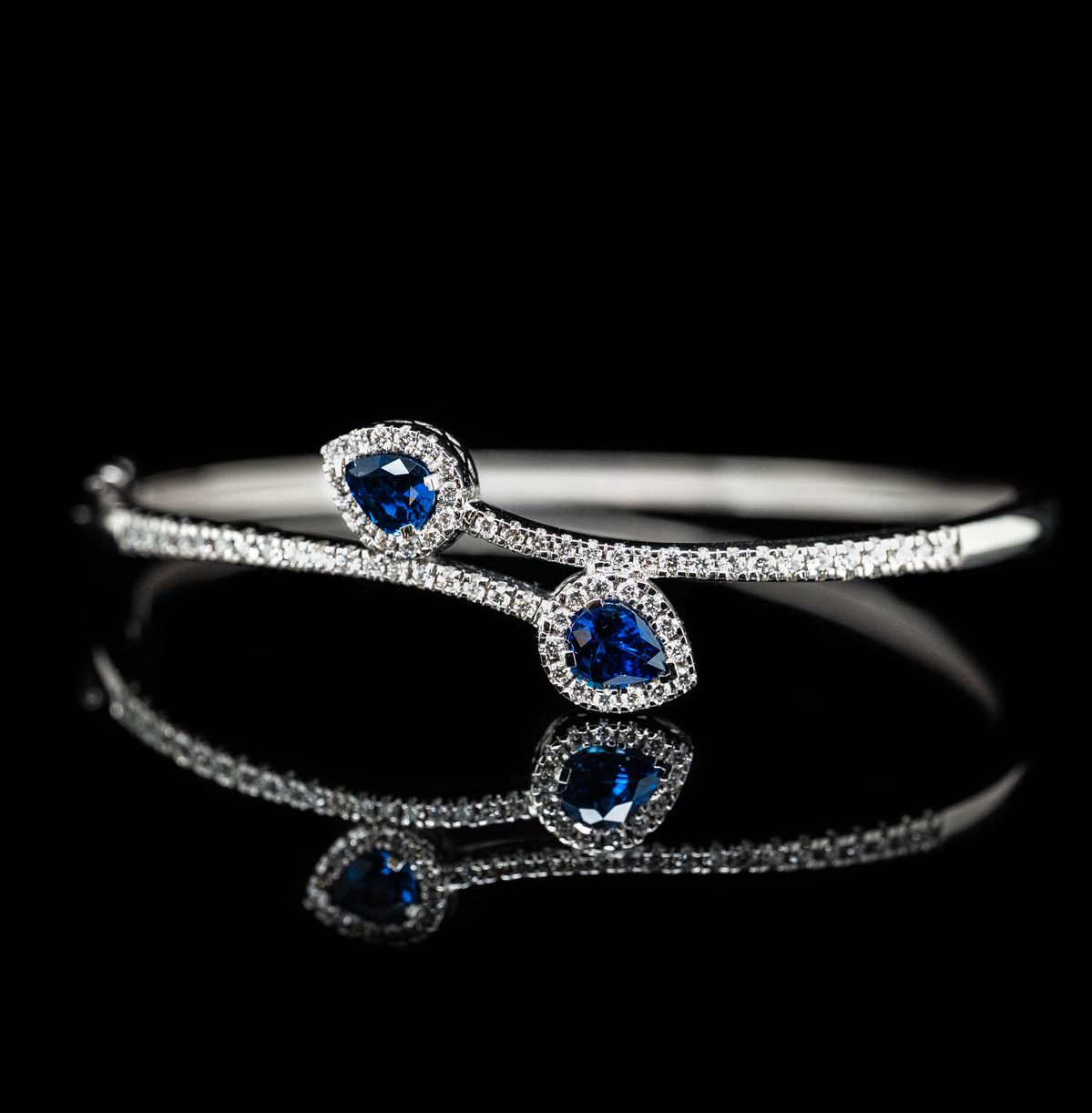 Elegant Pear-Cut Sapphire & Diamond Halo Bypass Bangle Bracelet