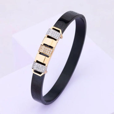π Modern Black & Gold Dual-Tone Pave Bangle Bracelet
