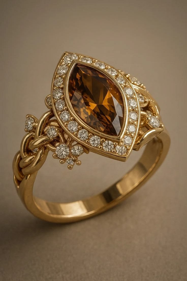 Vintage-Inspired Marquise Amber Topaz & Diamond Braided Ring