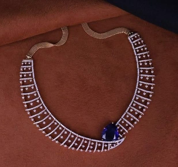 Asymmetrical Diamond Choker Necklace with Pear-Cut Blue Sapphire Focal Stone