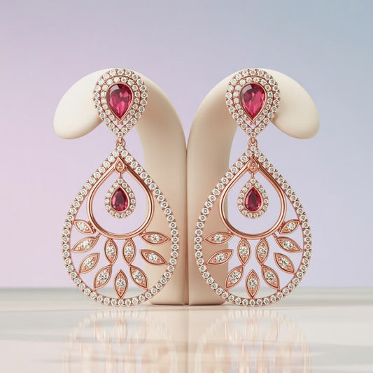 Elegant Rose Gold Tear-Drop Ruby Earrings