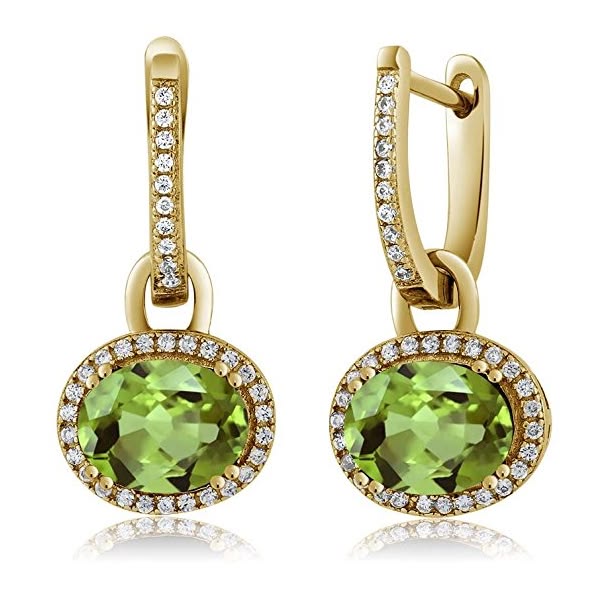 Elegant Oval Peridot & Diamond Halo Dangle Earrings