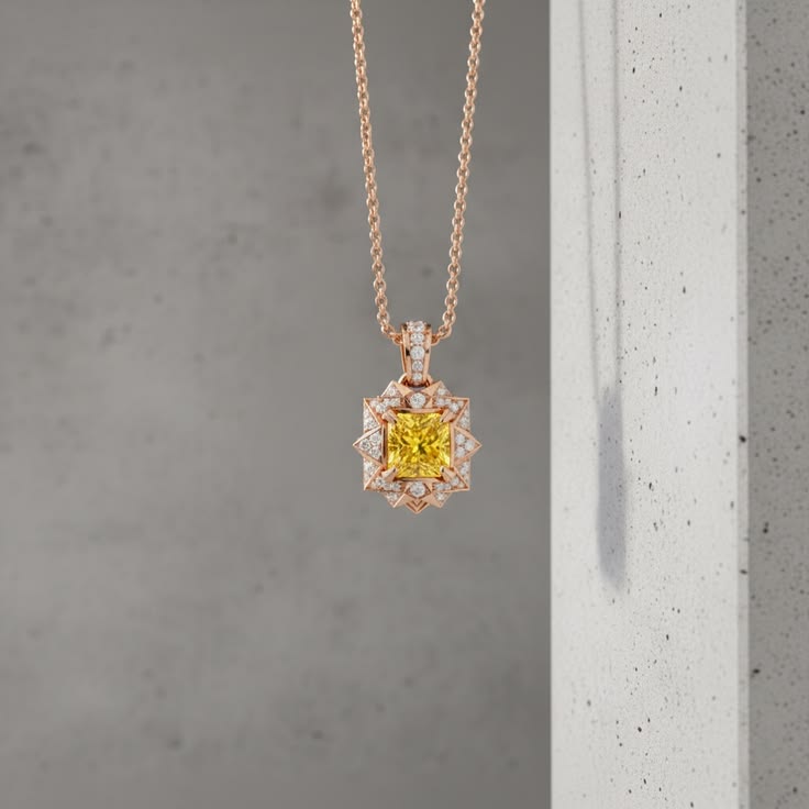 Radiant Canary Yellow Diamond Geometric Halo Pendant