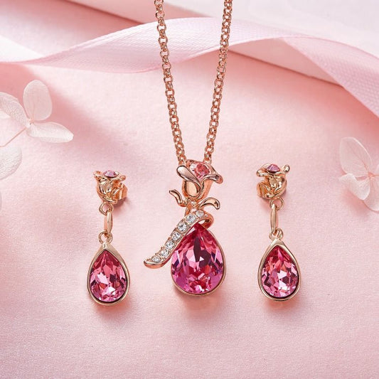 πΉ Elegant Pink Rose & Teardrop Crystal Jewelry Set
