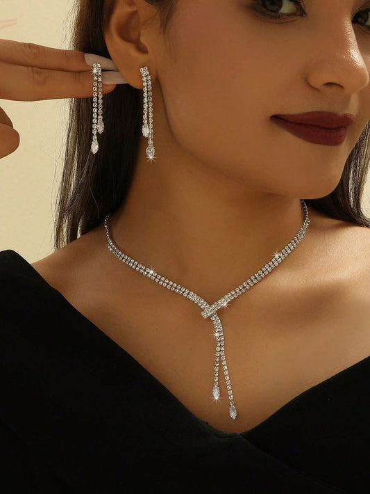 Elegant Sparkling Rhinestone Y-Drop Lariat Necklace & Earring Set
