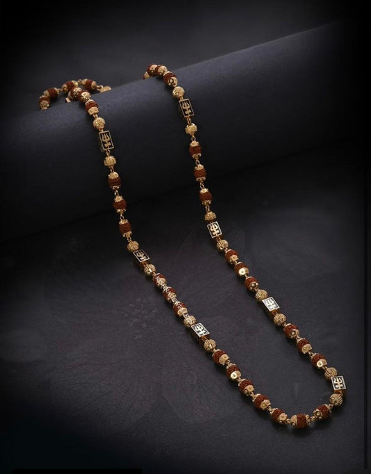 Elegant Gold-Plated Rudraksha Mala Chain with Trishul & Om Motifs