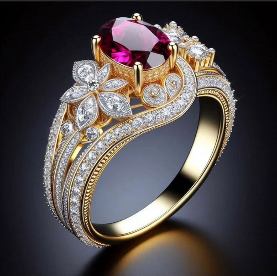 Oval Ruby Floral Filigree Statement Ring
