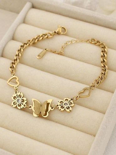 Elegant Gold Stainless Steel Butterfly & Floral Charm Bracelet
