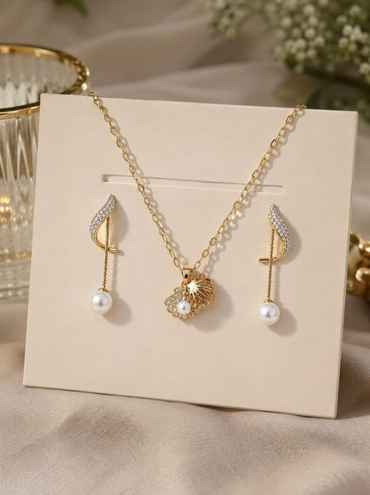 Elegant Gold-Tone Seashell & Pearl Necklace Set with Matching Drop Earrings