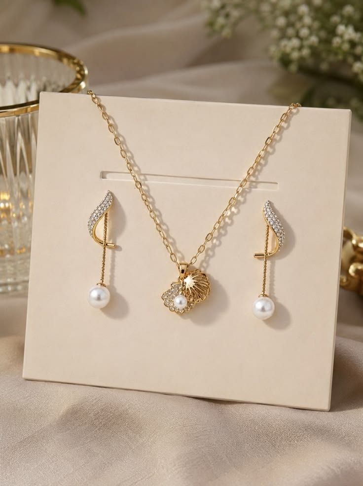 Elegant Gold-Tone Seashell & Pearl Necklace Set with Matching Drop Earrings