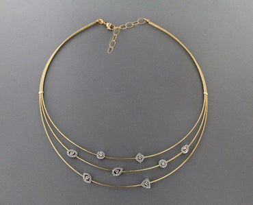Triple-Strand Gold Collar Necklace with Geometric Diamond Stations