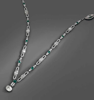 Art Deco Diamond & Emerald Geometric Pendant Necklace