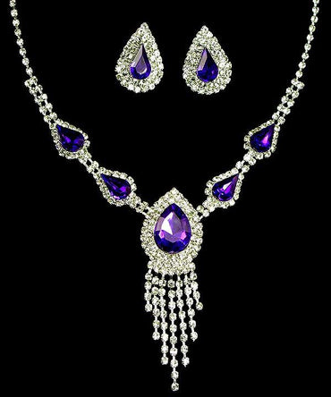 Elegant Purple Rhinestone Necklace & Earrings Bridal Jewelry Set