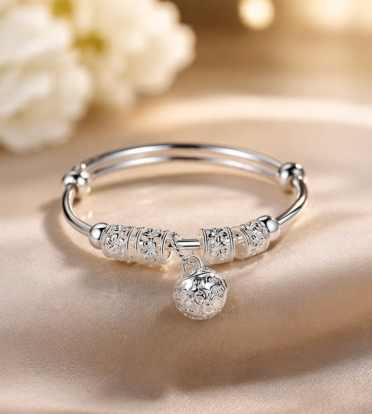925 Sterling Silver Adjustable Bell & Filigree Charm Bangle / Bracelet