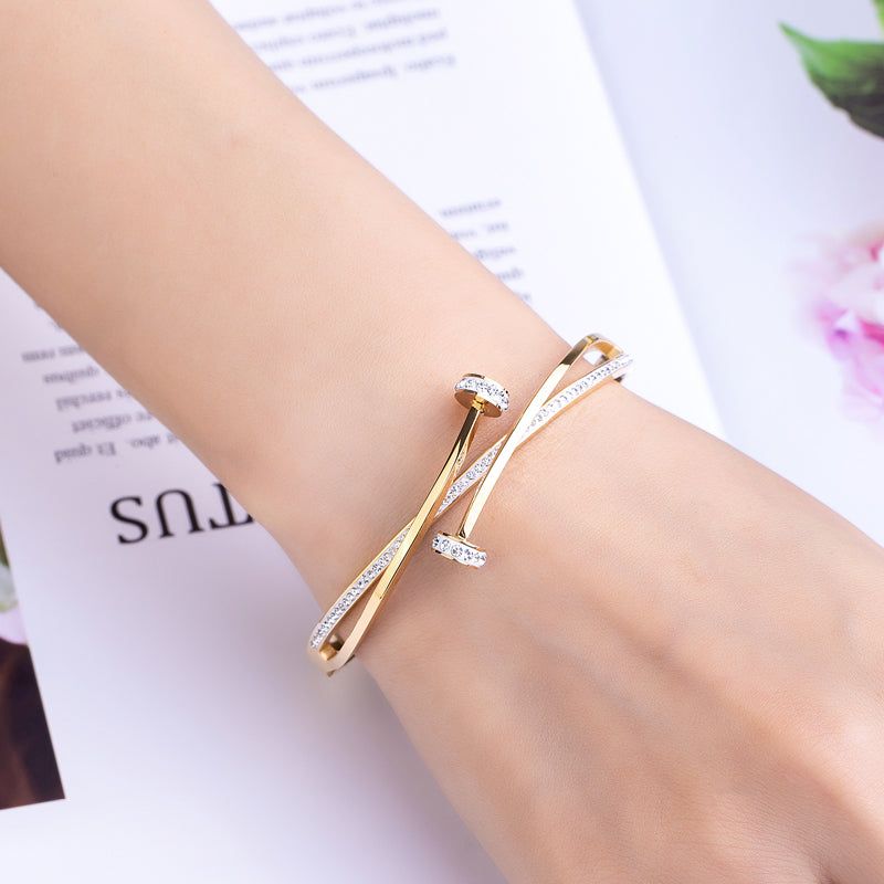 Elegant Crossover Nail Bangle – Gold-Plated Crystal-Embellished Wrap Bracelet