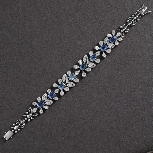 Elegant Art Deco Inspired Sapphire & Diamond Floral Bracelet