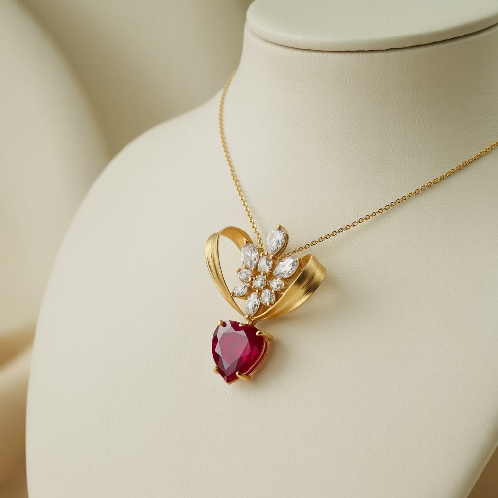 π Exquisite 18K Gold Heart Ruby & Diamond Floral Pendant Necklace