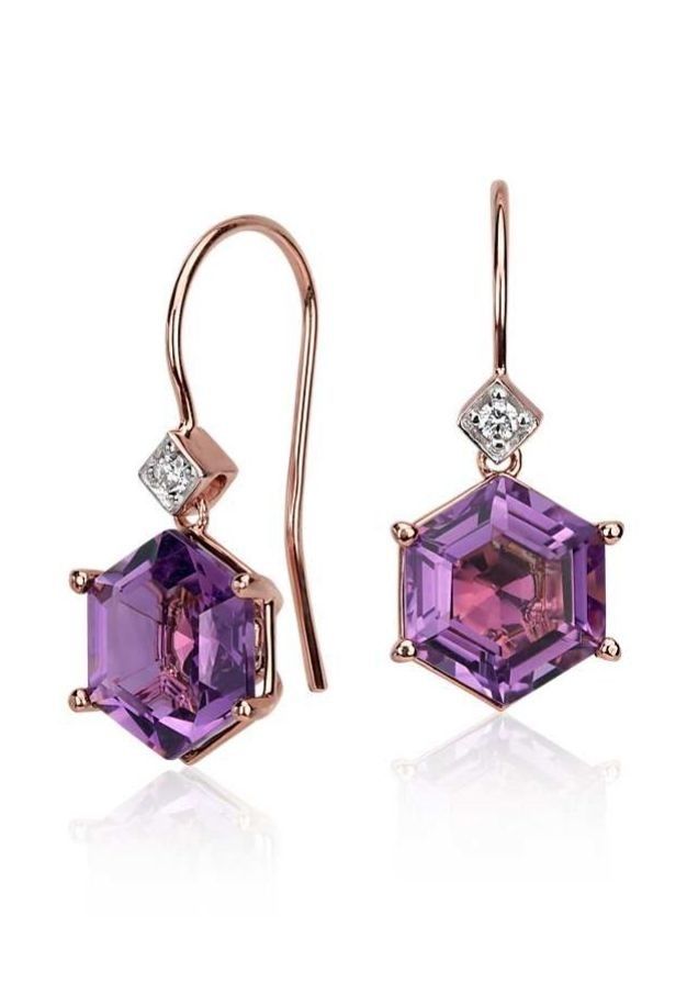hexagon-cut amethyst drop earrings.