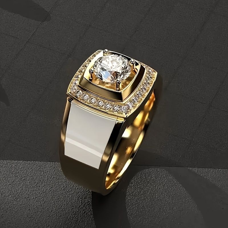 Men's Modern Gold Signet Ring with Diamond & White Enamel Inlay