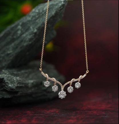 💎 Elegant Rose Gold Floral Cluster V-Bar Diamond Necklace