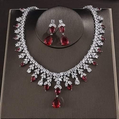 Elegant Ruby Red & CZ Crystal Bridal Jewelry Set