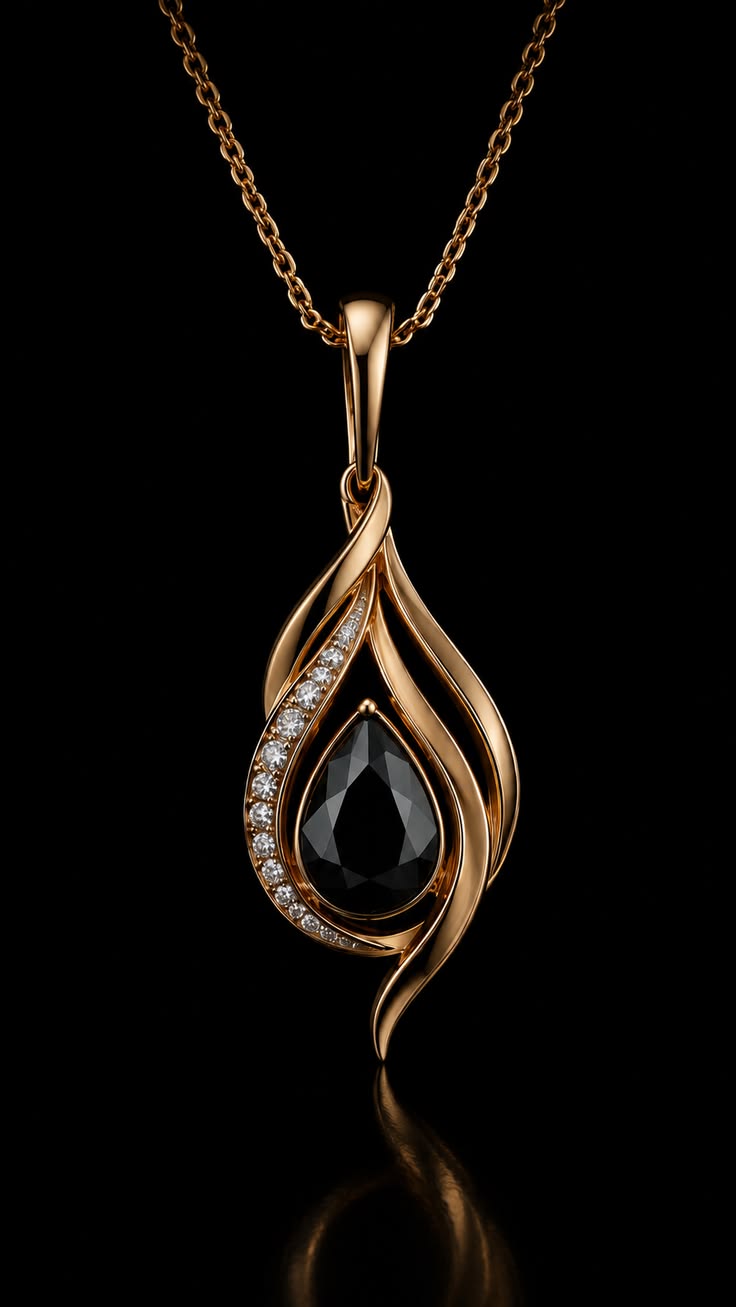 🖤 Elegant Pear-Cut Black Onyx & Diamond Flame Pendant