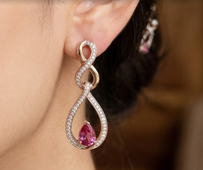 🌟 Elegant Rose Gold Infinity Drop Earrings with Pink Pear-Cut Gemstone & Diamond Accents