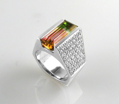 Architectural Bi-Color Tourmaline & Diamond Statement Ring