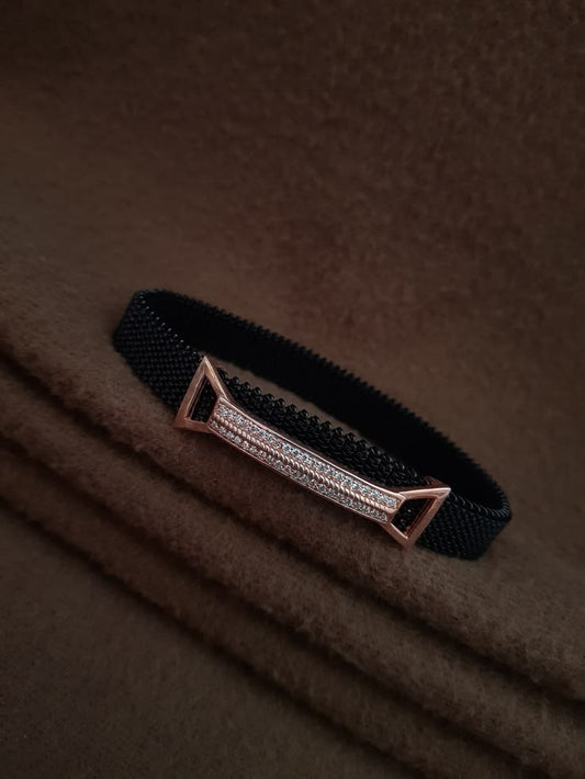 Modern Rose Gold & Black Mesh Bar Bracelet