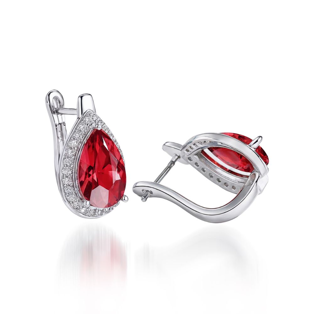 Elegant Pear-Cut Ruby & Diamond Halo Leverback Earrings