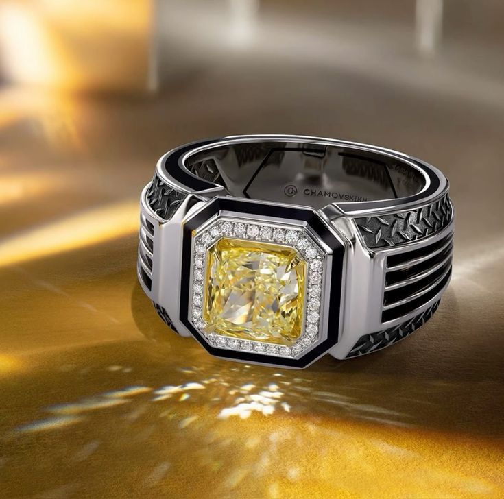 Luxury Men's Cushion Yellow Diamond Signet Ring