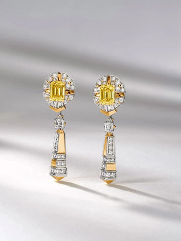 Art Deco Inspired Yellow & White Diamond Drop Earrings